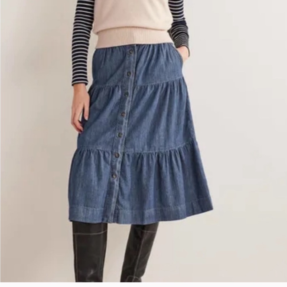 Boden Tiered Denim Midi Skirt